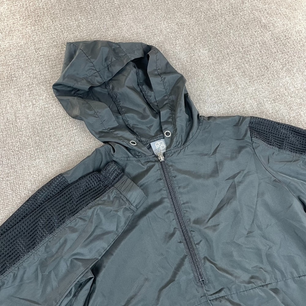 Daisy Fuentes Windbreaker Jacket Women S Black Mesh Panel Hooded Kangaroo Pocket
